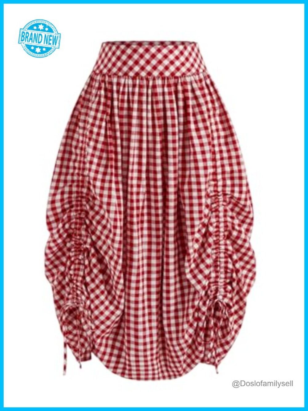Women's Plaid Gingham High Waist Ruched Drawstring Midi A-Line Skirt